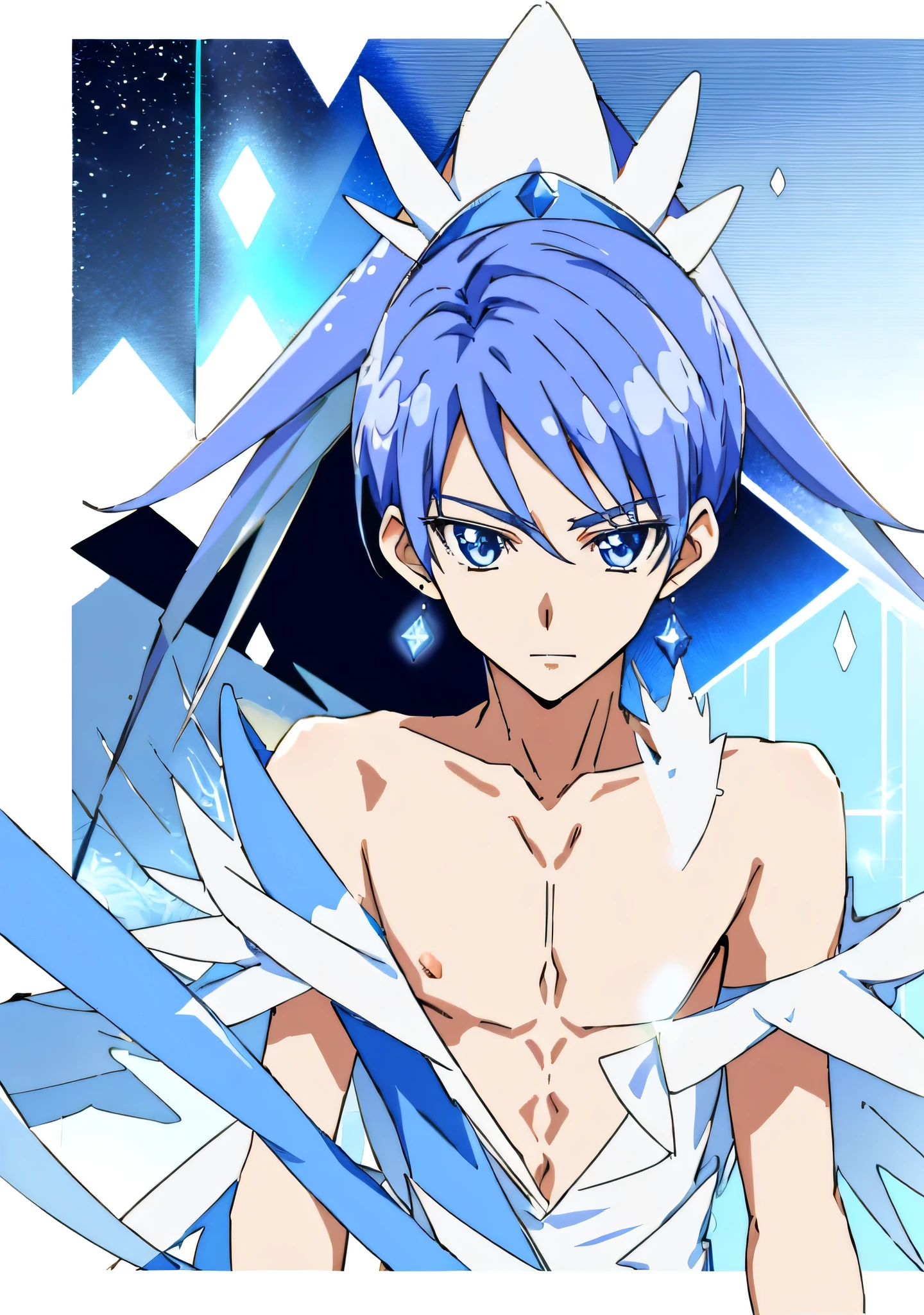 Blue haired boy cartoon character closeup、solo、portrait of Magic Boy、Boy in white and blue dress、Long legs、Heavenly Aura、ice aura、White and blue miniskirt、Bare shoulders、Bare legs、Bare thighs、White high heels、Symphogear flavor、Boy with long dark blue hair、Sapphire Prince、Official character art、style of Magic Boy、Magic Boy、Anime Boys、Official Art、High resolution、perfect costume、sparkling Magic Boy、With shining blue eyes、perfect body、perfect hands、perfect arms、perfect legs、(male body:1.3)、