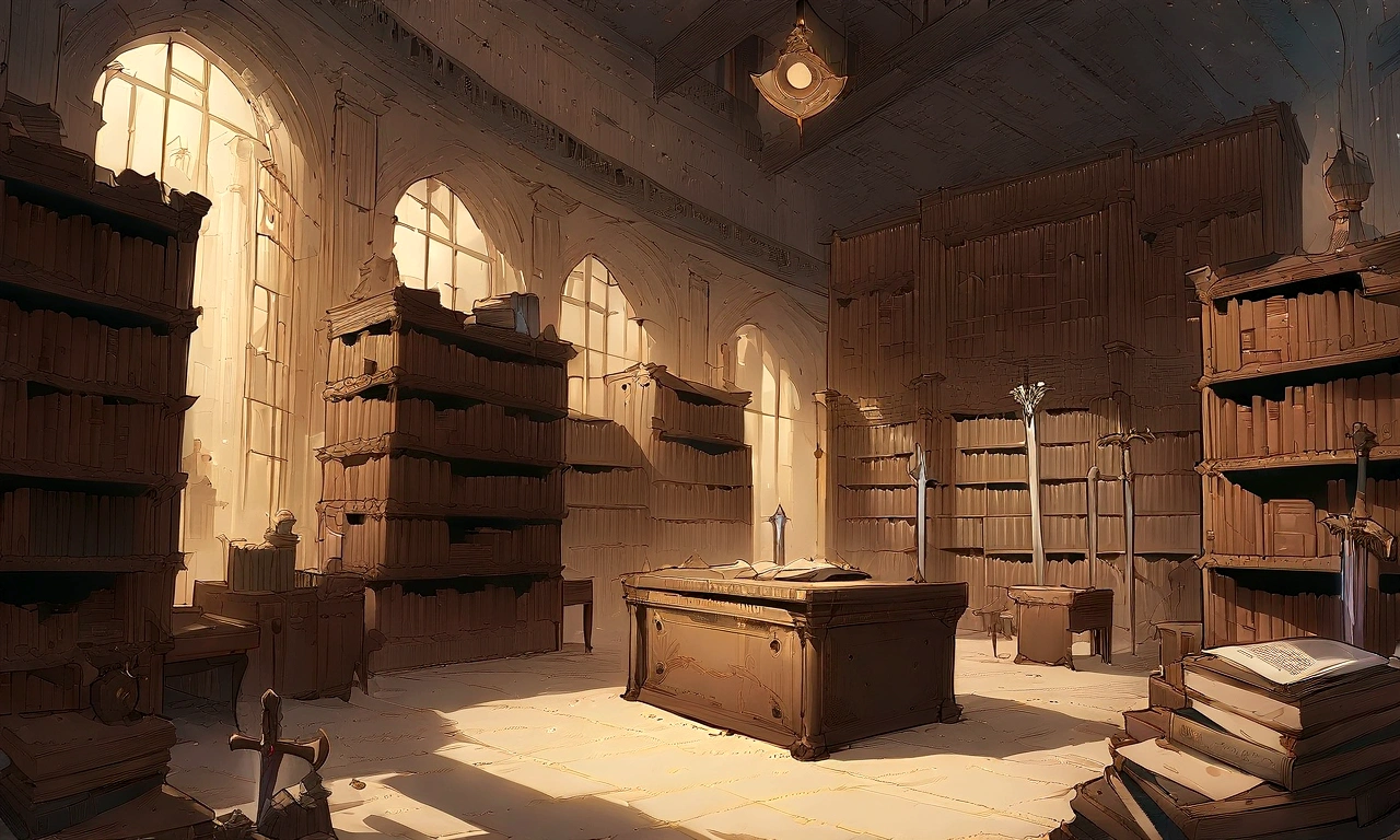 ((((masterpiece, Highest quality, High resolution)))), High detail, manga,anime,Illustration Style,Topic Prompts "Sword in the center,Luxurious sword, A room with a desk and bookshelf,Cursed Sword,Sinister Sword, Sword on the table, background, library background, Ancient library, Standing in a magical library, Dusty library, Ruina concept art library, In a dark library, library, Adding context = Cursed Sword,Sinister Sword,Luxurious sword, Sword on the table, Magical library" possible: "Sword on the table, Surrounded by ancient documents and dusty volumes. The room exudes mystery and charm., Soft light coming through stained glass windows. Fascinated by the vast amount of knowledge. The library is reminiscent of an alchemist's sanctum, Full of ancient manuscripts, Potion Ingredients, Alchemy Equipment. A bookshelf filled with leather-bound books, The worn spine speaks of the wisdom of the years. The walls are decorated with intricate tapestries. The atmosphere was solemn and solemn., It's as if time itself is holding its breath within the walls.. Extremely detailed down to the last detail, Realistic quality, Capture the texture of the weathered page and the flickering flame of a candle. The overall color palette is rich and warm., Deep reddish, Arcee Brown, Golden decoration. The lighting casts a gentle shadow, 部屋の複雑さを明らかにする このmasterpieceは、It takes the audience into a realm of magic and knowledge., inviting them to delve into the secrets that lie within the boundless shelves of the library."