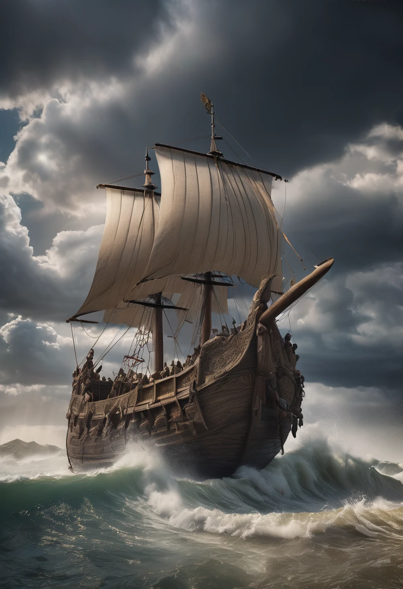 a large wooden ark, detailed intricate carvings, animals of all kinds entering the ark, storm clouds in the sky, dramatic lighting, epic biblical scene, detailed textures, cinematic composition, muted color palette, (best quality,4k,8k,highres,masterpiece:1.2),ultra-detailed,(realistic,photorealistic,photo-realistic:1.37), cinematic lighting, dramatic atmosphere, awe-inspiring scale, highly detailed animals, breathtaking realism