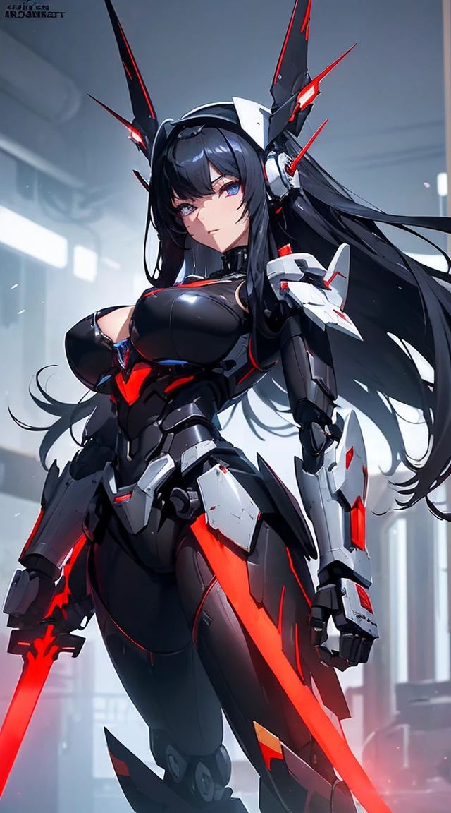 ((Shining lenses on both breasts:1.3))、((Pillars of red light radiate from both chests..:1.3))、((Attack pose:1.6))、((He has a red sword and a long rifle:1.6))、((Battle Scenes:1.8))、((8K)), ((32k)), ((Highest quality)), ((masterpiece)), ((超A high resolution)), ((Tmasterpiece)), ((Halation:1.4))、((Mechaニカルheadgear:1.2))、((Cyber headphones:1.3))Fine skin, High quality fabric, High-quality metal texture、((Beautiful and dense face))、RAW Photos、Professional, Ultra-fine painting, ((alone)), Beautiful breasts、Highest quality, Very detailed, Very detailed詳細, Finer details, so beautiful, ((Black Knight Robot:1.2)), (Joint of the machine, Mechanical Limbs:1.3), (The internal structure of the machine is exposed:1.3), (Long black hair:1.1), (Beautiful and huge mechanical breasts)、White Veil, cowboy_shot, Side Focus, headgear, Shiny、(Five Fingers, Four fingers and thumb),Concept Art, Anime fantasy artwork, Detailed fantasy art, (Has light blue-purple hair and black wings,,,,,,), (((Long black hair))), (Mecha:1.6)、Sleek and intimidating design, (Jet black perfect robot body)、Jet black and reddish purple arms, Symmetrical wings, 8K High Resolution, Detailed Art, 3D rendering of character art in 8K, neat legs, Defined, Defined fingers,((headshot:1.6))
