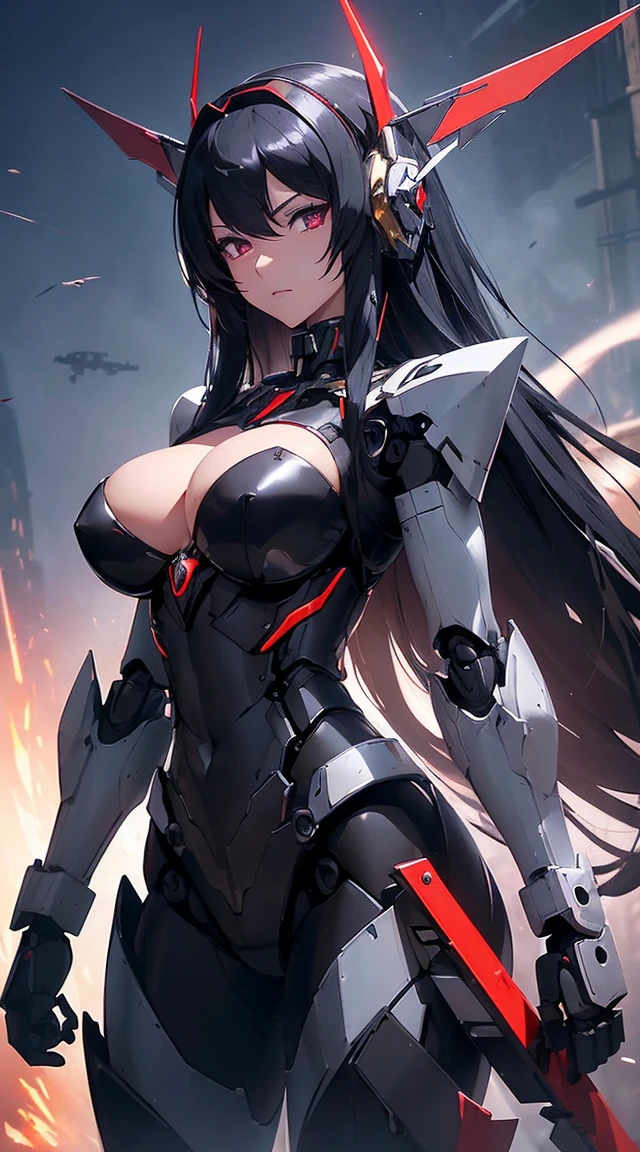 ((Shining lenses on both breasts:1.3))、((Pillars of red light radiate from both chests..:1.3))、((Attack pose:1.6))、((He has a red sword and a long rifle:1.6))、((Battle Scenes:1.8))、((8K)), ((32k)), ((Highest quality)), ((masterpiece)), ((超A high resolution)), ((Tmasterpiece)), ((Halation:1.4))、((Mechaニカルheadgear:1.2))、((Cyber headphones:1.3))Fine skin, High quality fabric, High-quality metal texture、((Beautiful and dense face))、RAW Photos、Professional, Ultra-fine painting, ((alone)), Beautiful breasts、Highest quality, Very detailed, Very detailed詳細, Finer details, so beautiful, ((Black Knight Robot:1.2)),  (Joint of the machine, Mechanical Limbs:1.3), (The internal structure of the machine is exposed:1.3), (Long black hair:1.1), (Beautiful and huge mechanical breasts)、White Veil, cowboy_shot, Side Focus, headgear, Shiny、(Five Fingers, Four fingers and thumb),Concept Art, Anime fantasy artwork, Detailed fantasy art, (Has light blue-purple hair and black wings,,,,,,), (((Long black hair))), (Mecha:1.6)、Sleek and intimidating design,  (Jet black perfect robot body)、Jet black and reddish purple arms, Symmetrical wings, 8K High Resolution, Detailed Art, 3D rendering of character art in 8K, neat legs, Defined, Defined fingers,((headshot:1.6))
