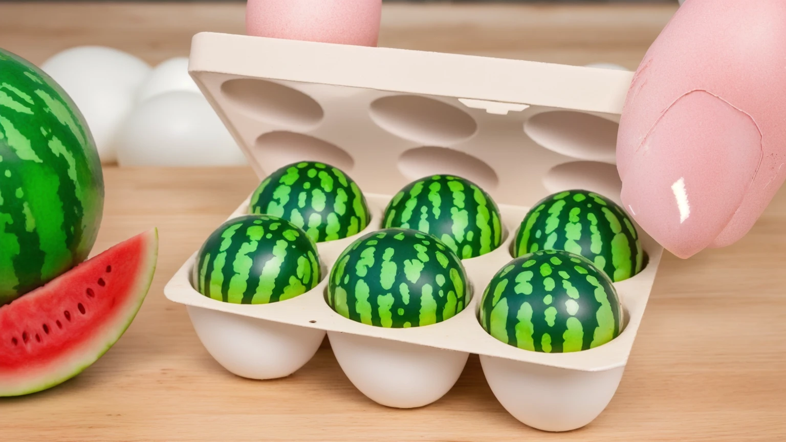 on a white background, in a paper egg tray, 6 small watermelons, the tray has 6 egg-shaped holes, realistic texture, realistic style, detailed texture, high quality, high resolution, high quality rendering, realistic photo, brightning light, macro photo