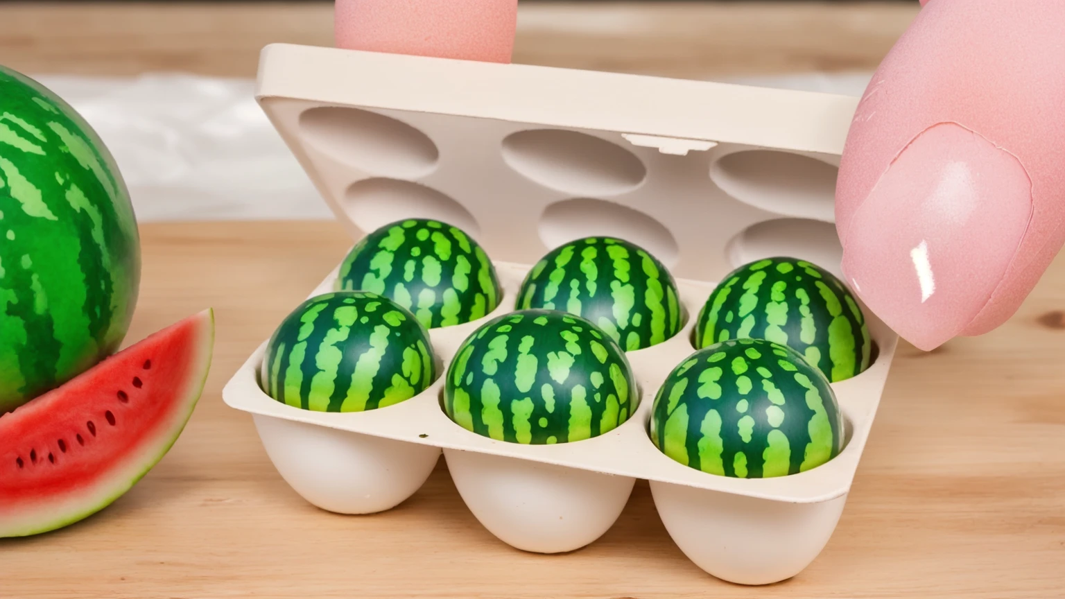 on a white background, in a paper egg tray, 6 small watermelons, the tray has 6 egg-shaped holes, realistic texture, realistic style, detailed texture, high quality, high resolution, high quality rendering, realistic photo, brightning light, macro photo