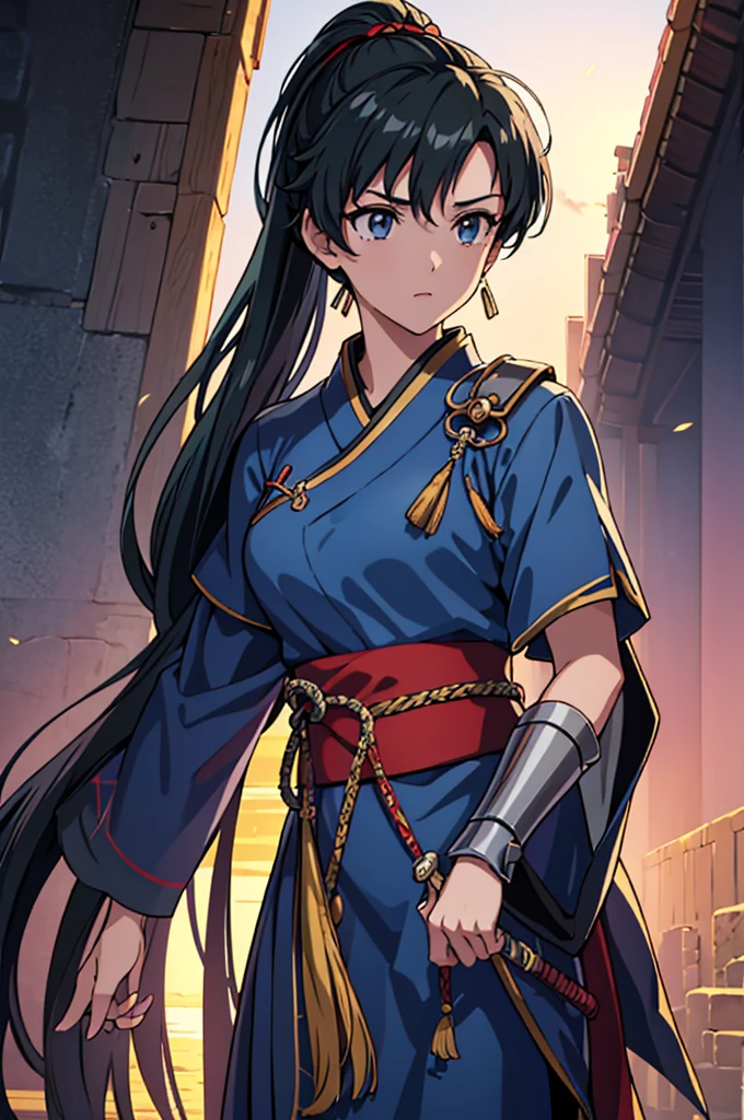 Highest quality, masterpiece, High resolution, alone, （Fire Emblem‗Shannan），（Fire Emblem: Genealogy of the Holy War），（Half Up_Hairstyle），Long sword，kimono、Nothing，（Armor‗Japan），（Roaring‗Facial Expressions），（Jinhaori），Evening sky_background，Young Girl，Anime Style, Highest quality, 4K, masterpiece,， alone, 1,whole body，looking at the camera, Shinkai Makoto style, （black_Hair Color）Sharp Eyes，（Full Finger）, （Accurate fingertips）, （The finer details）, （Anatomically correct）, (映画のbackground), Hyper Detail, (Subtle details), (Intricate details),