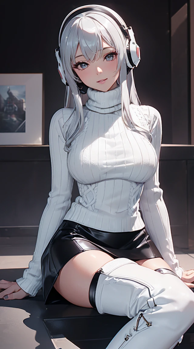 smile、((8K)), ((32k)), ((Highest quality)), ((masterpiece)), ((超A high resolution)), ((Tmasterpiece)), ((Halation:1.4))、((White mechanical headgear:1.3))、((White mecha cyber headphones:1.3))、Fine skin, High quality fabric, ((Beautiful and dense face))、RAW Photos、Professional, Ultra-fine painting, ((alone)), Beautiful breasts、Highest quality, Very detailed, Very detailed詳細, Finer details, so beautiful, Full body description、on a futuristic street、White thigh-high boots、(Woman wearing a black leather miniskirt:1.8)、(Wearing a white knitted turtleneck sweater:1.8)、 take a walk、Beautiful legs、(Machine Eyes:1.3)、drooping eyes: 1.3,, (In 8K) , masterpiece, (No retouching, Lip gloss, False eyelashes, Real Skin, Highest quality, 超A high resolution, Depth of written boundary, chromatic aberration, Caustics, Wide Lighting, Natural Shading))、Korean Idol、Asian woman smiling at camera,、Young and cute gravure idol, Young and skinny gravure idol, Realistic Young Gravure Idol, Young Gravure Idol, Japanese Model, Shot with Canon EOA 6D Mark II, Shot with Canon EOS 5D Mark IV, Young Gravure Idol、(White thigh-high boots:1.5)、(Long silver hair:1.1), cowboy_shot, Side Focus, Shiny、Concept Art, Anime fantasy artwork, (((Long silver hair))), 8K high quality, detailed art, In 8Kのキャラクターアートの3Dレンダリング, neat legs, Defined, Defined fingers,