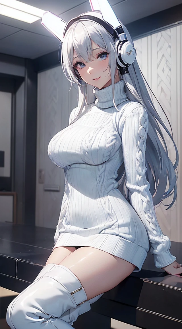 smile、((8K)), ((32k)), ((Highest quality)), ((masterpiece)), ((超A high resolution)), ((Tmasterpiece)), ((Halation:1.4))、((White mechanical headgear:1.3))、((White mecha cyber headphones:1.3))、Fine skin, High quality fabric, ((Beautiful and dense face))、RAW Photos、Professional, Ultra-fine painting, ((alone)), Beautiful breasts、Highest quality, Very detailed, Very detailed詳細, Finer details, so beautiful, Full body description、on a futuristic street、White thigh-high boots、(Woman wearing a black leather miniskirt:1.8)、(Wearing a white knitted turtleneck sweater:1.8)、 take a walk、Beautiful legs、(Machine Eyes:1.3)、drooping eyes: 1.3,, (In 8K) , masterpiece, (No retouching, Lip gloss, False eyelashes, Real Skin, Highest quality, 超A high resolution, Depth of written boundary, chromatic aberration, Caustics, Wide Lighting, Natural Shading))、Korean Idol、Asian woman smiling at camera,、Young and cute gravure idol, Young and skinny gravure idol, Realistic Young Gravure Idol, Young Gravure Idol, Japanese Model, Shot with Canon EOA 6D Mark II, Shot with Canon EOS 5D Mark IV, Young Gravure Idol、(White thigh-high boots:1.5)、(Long silver hair:1.1), cowboy_shot, Side Focus, Shiny、Concept Art, Anime fantasy artwork, (((Long silver hair))), 8K high quality, detailed art, In 8Kのキャラクターアートの3Dレンダリング, neat legs, Defined, Defined fingers,