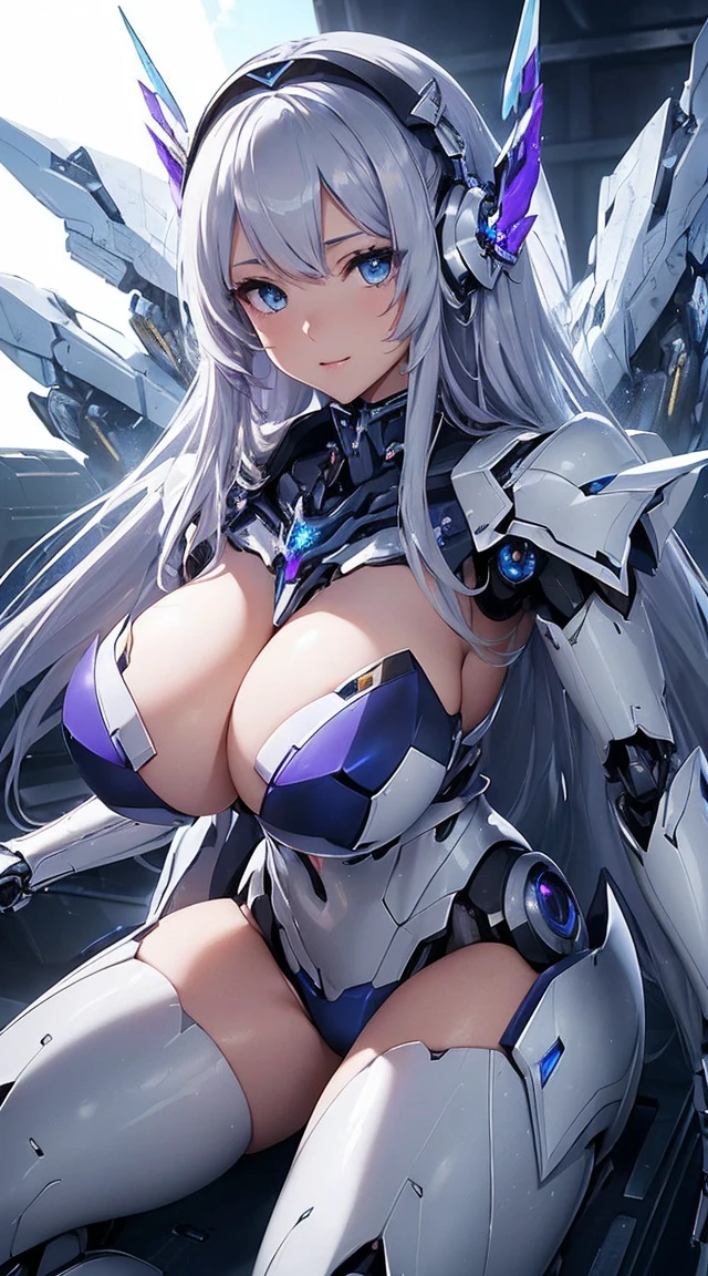 (Sit with one knee on the machine:1.6)、(Full body description:1.3)、((Shining lenses on both breasts:1.3))、((Blue pillars of light are emanating from both chests.:1.3))、smile、((8K)), ((32k)), ((Highest quality)), ((masterpiece)), ((超A high resolution)), ((Tmasterpiece)), ((Halation:1.4))、((Mechaニカルheadgear:1.2))、((Cyber headphones:1.3))、Fine skin, High quality fabric, Fine metal texture、((Beautiful and dense face))、RAW Photos、Professional, Ultra-fine painting, ((alone)), Beautiful breasts、Highest quality, Very detailed, Very detailed詳細, Finer details, so beautiful, ((Princess Knight Robot:1.2)), (Joints of machines, Mechanical Limbs:1.3), (The internal structure of the machine is exposed:1.3), (Long silver hair:1.1), (Beautiful and huge mechanical breasts)、White Veil, cowboy_shot, Side Focus, headgear, Shiny、(Five Fingers, Four fingers and thumb),Concept Art, Anime fantasy artwork, Detailed fantasy art, (with pale blue-violet hair and large white wings,,,,,,,), (((Long silver hair))), (Mecha:1.6)、Sleek and intimidating design, ((Commander-in-Chief'arm)), (Perfect robot body)、純白と青紫armまたは, Symmetrical wings, 8K high quality, detailed art, 3D rendering of character art in 8K, neat legs, Defined, Defined fingers,