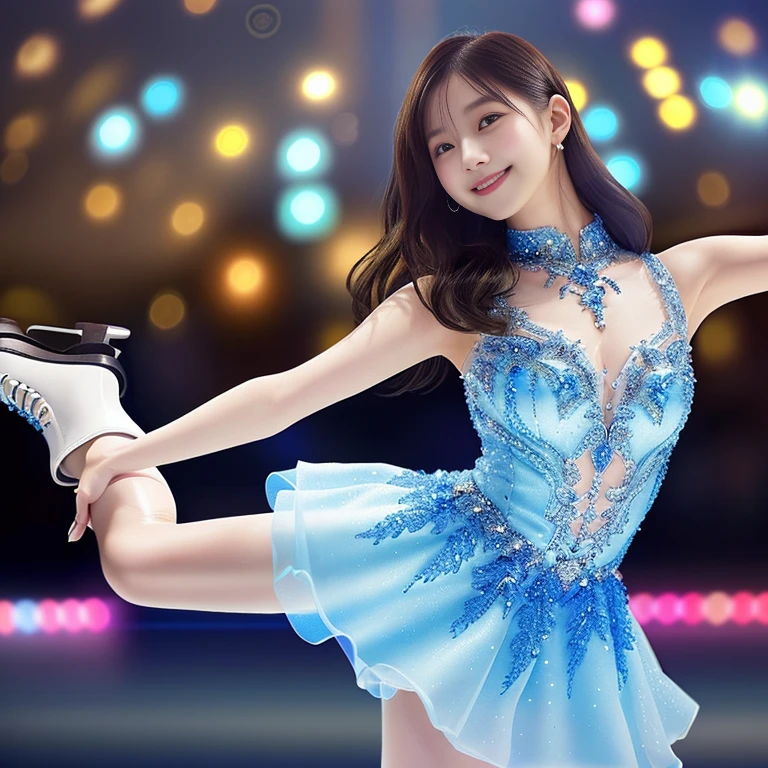 Photo-realistic quality、A 20-year-old idol woman wearing a sheer light gray-blue dress skating on an ice rink, Ice Princess, Beautiful Japanese Model, Elegant girl, Detailed and beautiful eyes、Cute smile、A soft and gentle look、Wearing skates