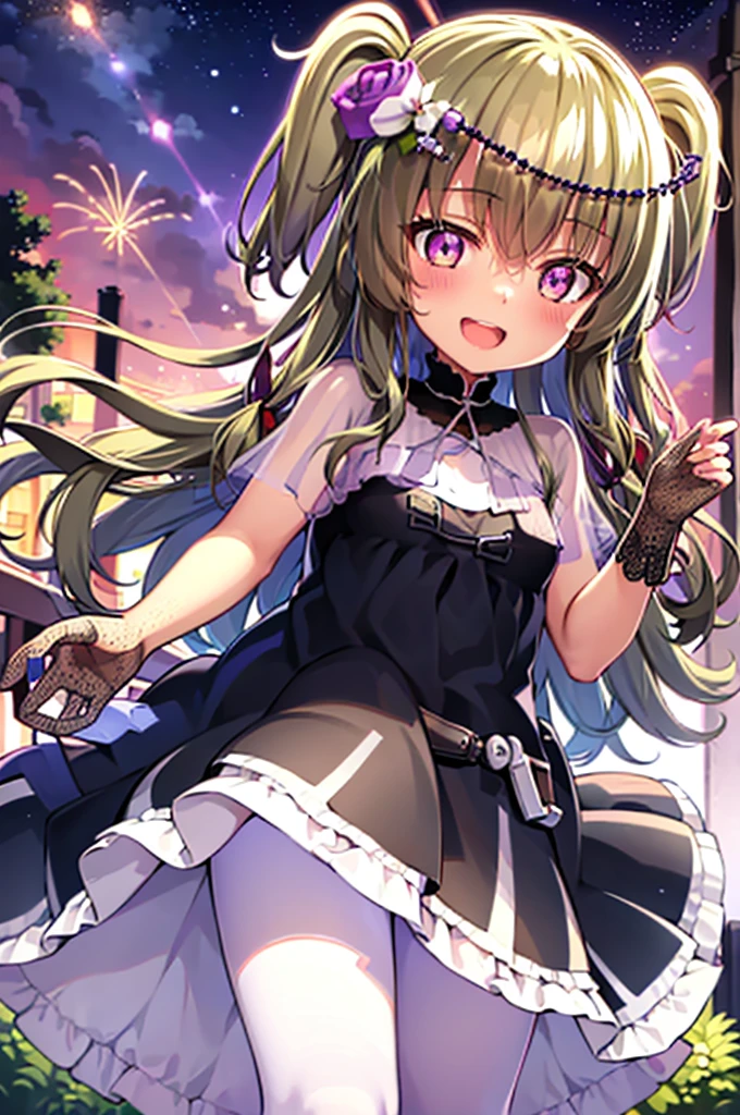Himari Mei, masterpiece, loli, cute, flat chest, cute and shy smile, highly detailed sparkling brilliant purple eyes, open mouth slightly, standing in summer night,black dress, perfect body, detailed hands, detailed fireworks in the sky, waving