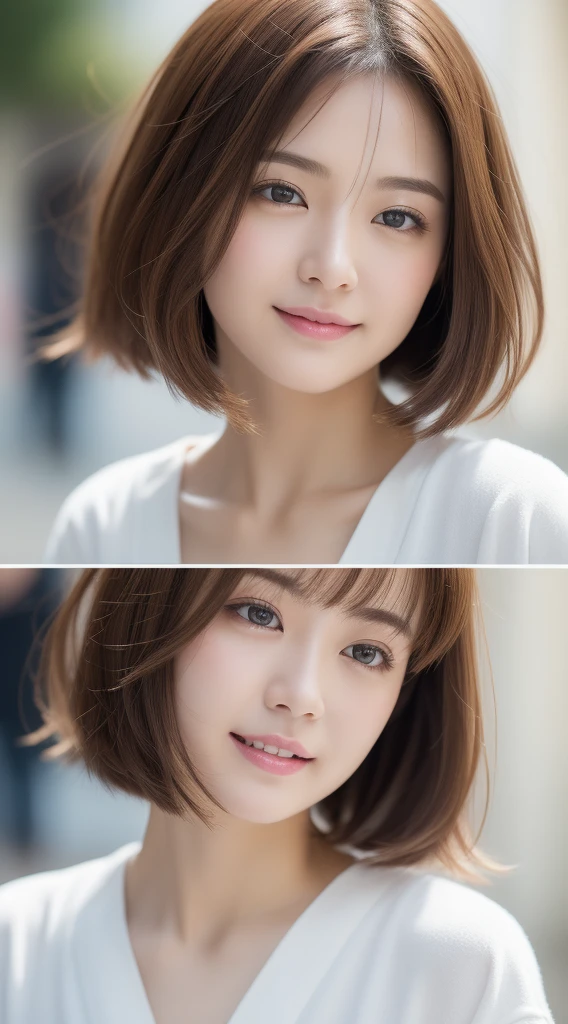 top-quality、masterpiece、ighly detailed、hight resolution、natural soft light、4K、超A high resolution、detailed shadow、A hyper-realistic、(Japan women)、(a smile)、kawaii、dramatic lighting、1girl in、solo、A detailed face、realisticeyes、real looking skin、robe blanche、Beautiful hair quality、(Brown hair)(Short bob hair:1.3)、Detailed street fashion、White T-shirt、hotpants、Streets of Kyoto、Highly detailed facial and skin texture、A detailed eye、double eyelid、Facial expressions that are not CG-like、portlate