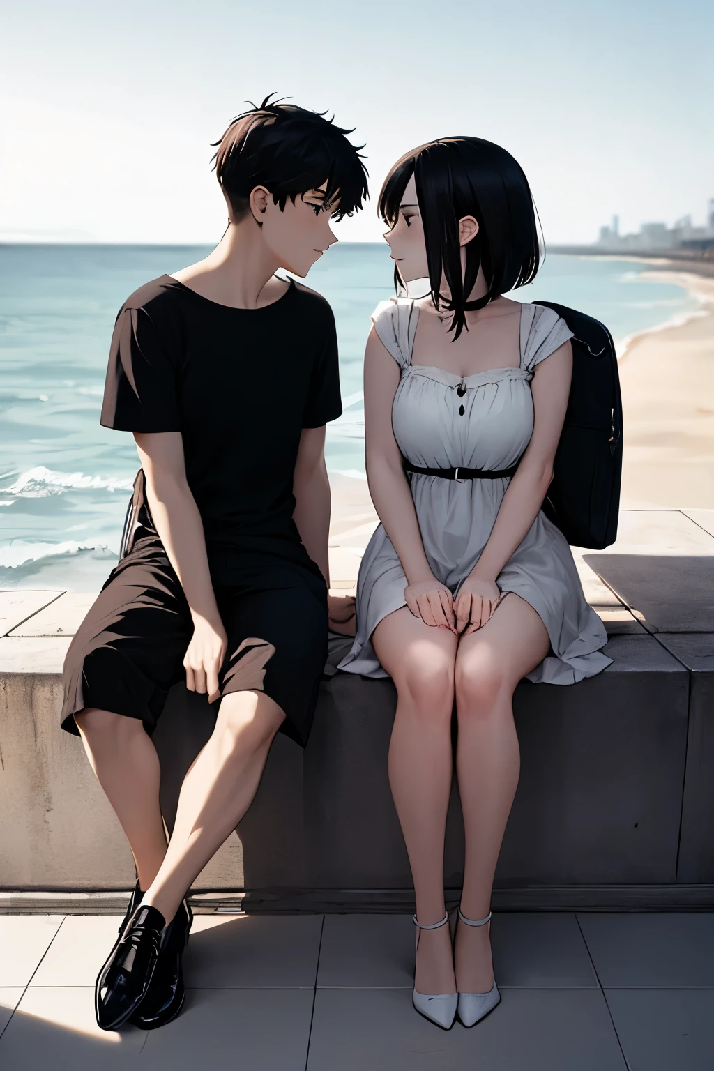 ((melhor qualidade)), ((Obra de arte)), (detalhado), teenager couple in love, girl with dark hair stylish witch, black hair boy backpack on the coast, sitting on the floor looking at each other