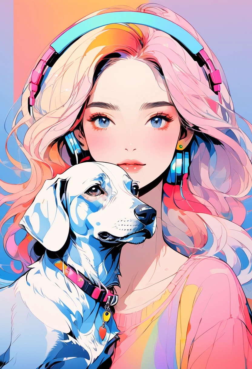 (Highest quality:0.8), (Highest quality:0.8), Perfect illustration,Portrait of a beautiful woman and her dog、image、Complex、Blueprint、Beauty with headphones、Dachshund、Colorful colors、Rainbow Gradient