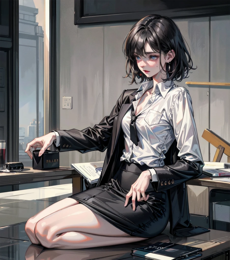 RAW photo, extremely delicate and beautiful, masterpiece, Best Quality, ultra high resolution, 16k, photorealistic, ultra detailed description, pale skin, in her 20s, whole body, medium tits, medium hair, black hair, tearful mole, earring, business suit, blazer, pencil skirt, collarbone, shirt, tie,