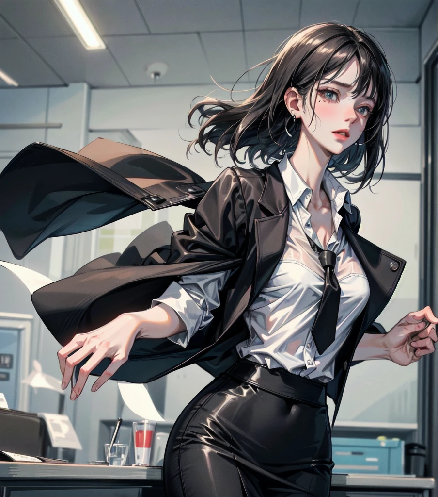RAW photo, extremely delicate and beautiful, masterpiece, Best Quality, ultra high resolution, 16k, photorealistic, ultra detailed description, pale skin, in her 20s, whole body, medium tits, medium hair, black hair, tearful mole, earring, business suit, blazer, pencil skirt, collarbone, shirt, tie,