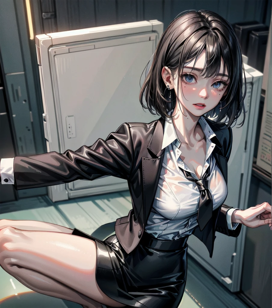solo, female, sfw, short hair, brown hair, brown eyes, neat hair, large breasts, black suit, shapely tights, displaying thighs, black pencil skirt, sitting, gentle smile, doctor's office, psycologist, couch, pale skin, white turtleneck shirt, flirty
