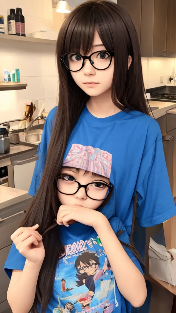 Short hair, wearing glasses and an anime shirt and looking tired