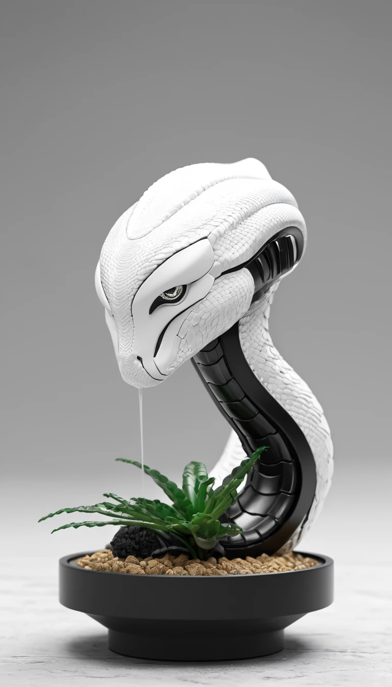 Viper Mecha, Full Body, Alone, Cyberpunk, Delicate Snake Head Head, Popmart Blind Box, Clay Texture, Treading on Earth, Black and White Background, Bonsai, Round Base, Natural Daylighting, Best Quality, Ultra Detail, 3D Art, C4D, OC Renderer, 3D Rendering, 8k
