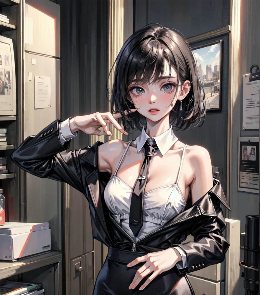 (best quality: 1.2), clean face, (masterpiece: 1.2, 8k) perfect anatomy, 1 girl) a beautiful fashion model ,(masterpiece, official art, best quality shiny hair, straight black hair with streaks in hair, full lips, small breasts, blazer school uniform, short skirt, thong straps, (dark makeup, piercings), shiny breasts,shiny skin, looking at viewer, college studentn, horizontal, lounging, a single girl, scene haircut, dark makeup, dark gray eyes, (slender, skinny, slight frame, small breasts), ((emo, scene))