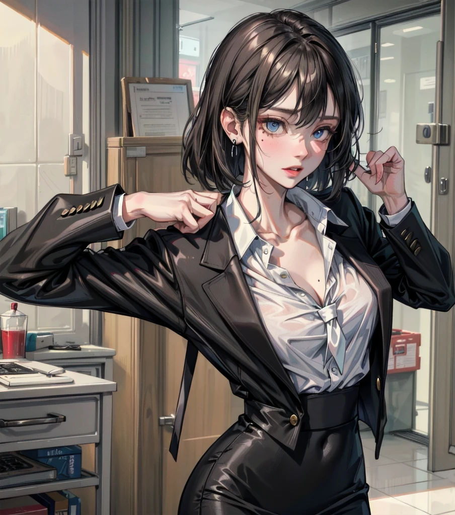 RAW photo, extremely delicate and beautiful, masterpiece, Best Quality, ultra high resolution, 16k, photorealistic, ultra detailed description, pale skin, in her 20s, whole body, medium tits, medium hair, black hair, tearful mole, earring, business suit, blazer, pencil skirt, collarbone, shirt, tie,