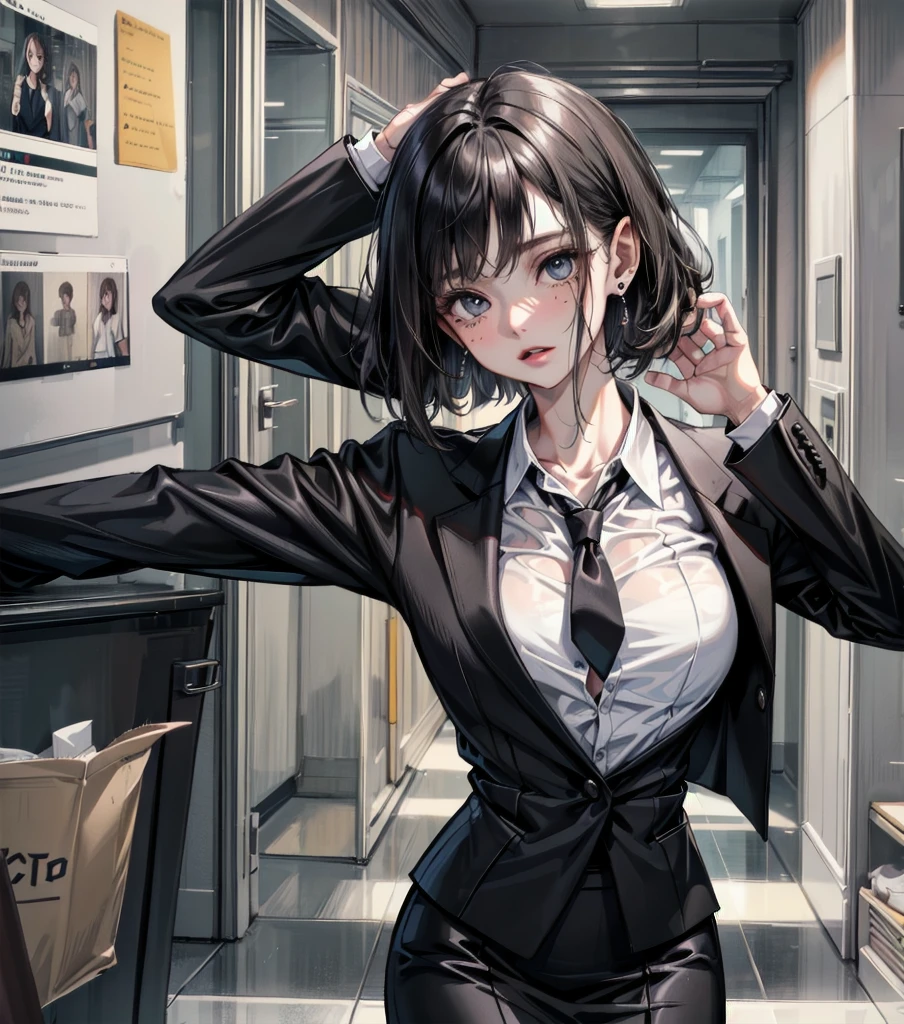 RAW photo, extremely delicate and beautiful, masterpiece, Best Quality, ultra high resolution, 16k, photorealistic, ultra detailed description, pale skin, in her 20s, whole body, medium tits, medium hair, black hair, tearful mole, earring, business suit, blazer, pencil skirt, collarbone, shirt, tie,