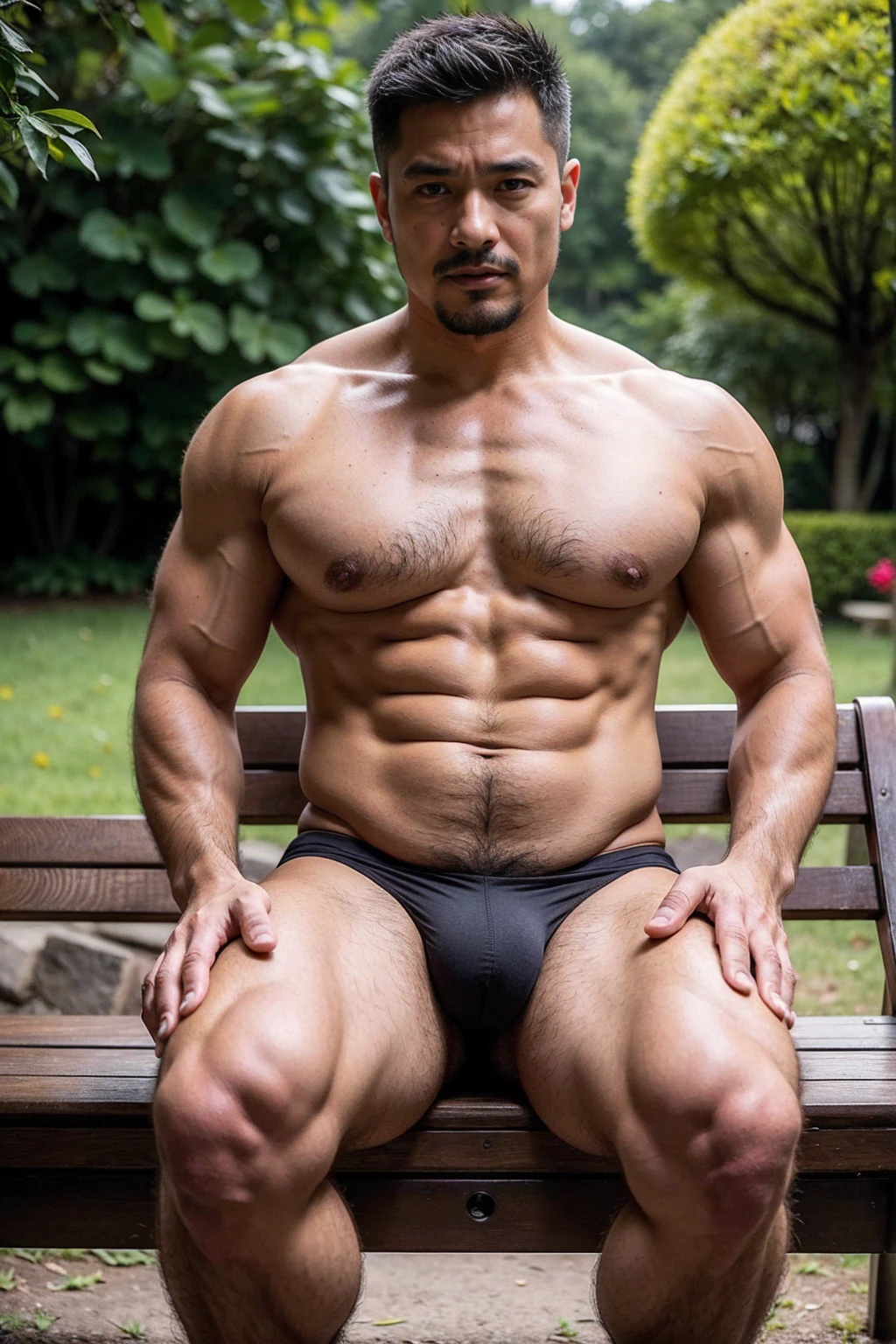 Chinese grandfather with gray hair,He is 60 years old., mature face, a thick mustache, a fat body, wearing red big bulging underwear, Sit on a park bench decorated in Chinese style., have belly, big muscular chest, sexy pose ,perfect , male , correct male scrotum, perfect scrotum, male structure, short detailed hair, Sexy guy, looking at viewer, highest detail, superior quality, natural lighting, beautiful, sexy, correct anatomy, good composition, man focus,amazing composition, front view, HDR, volumetric lighting, ultra quality, elegant,vpl,the middle of the picture,Fujifilm XT3 photorealistic art by midjourney,(Best quality, 8k, Masterpiece).,highest detail, superior quality, natural lighting,realistic shapes, realistic skin tones,Natural eyes,realistic eyes,Open your eyes,Have chest hair, Have belly hair, Have pubic hair,Realistic convex crotch,Prominent crotch,huge crotch,tight crotch,vpl,realistic muscles,Realistic wrinkles on the skin,Realistic arms and legs,Realistic face,realistic hair,Post a erotic photoshoot,Realistic pose