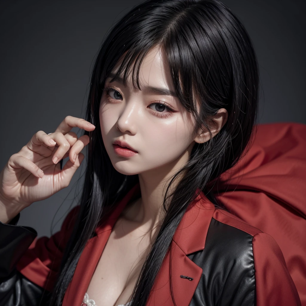 Korean real female black hair outfit black and red suit kpop MV
