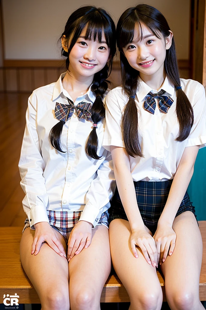 2 girls on desk in wooden school classroom,white shirt with plaid bow tie,white thong,hands on crotch,spreading legs apart,18-year-old,bangs,a little smile,large bare thighs,knees,short hair with low pigtails,from before,front light