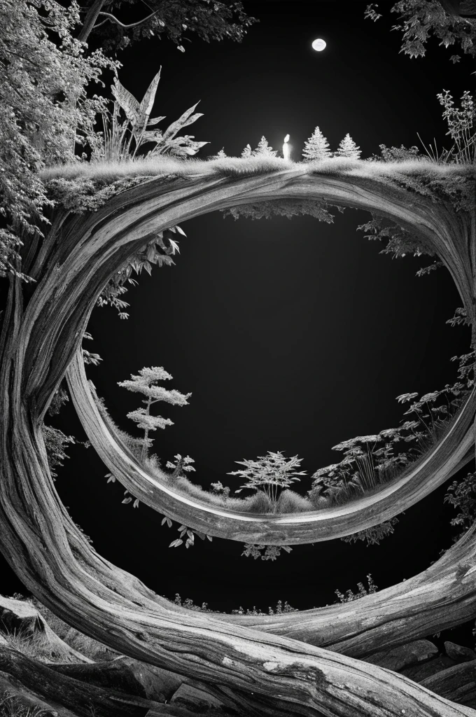 An artistic composition in black and white that is about nature inspired by the works of Mc Escher