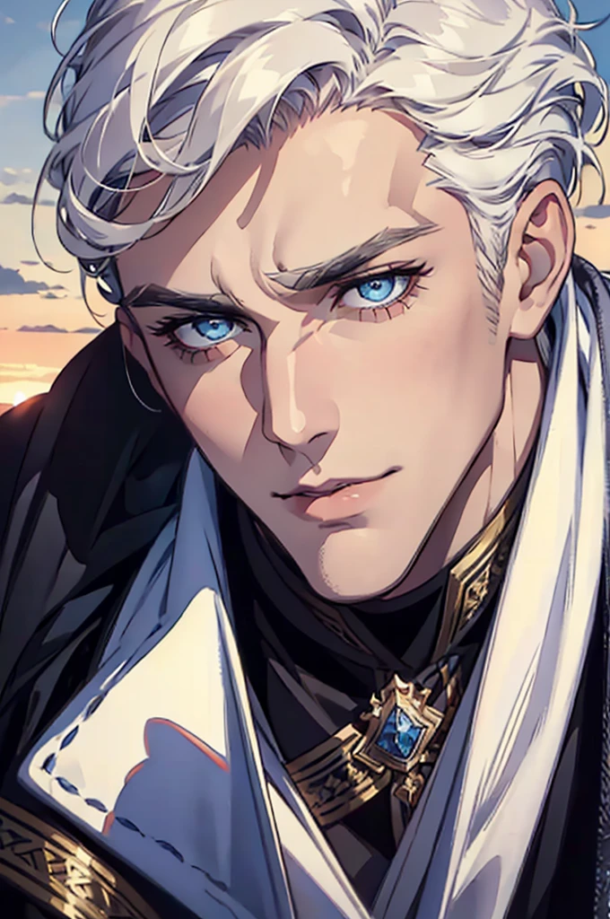((masterpiece:1.2, Best quality)), 4k, adult, European face, 1 person, male, , masculine, Beautiful, tall, dark casual wear, White skin, white hair, blue eyes s, portrait, sunset, man, adult man