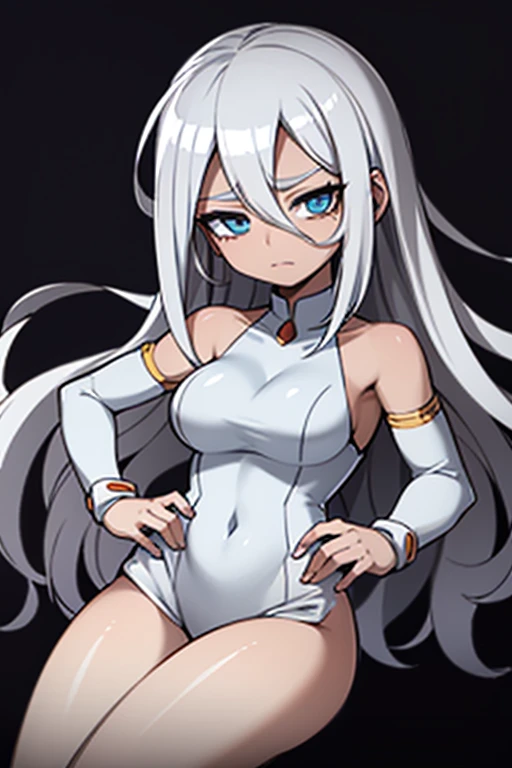 18-year-old girl, Messy hair (like Android 21), Broken hair, Silver hair with light blue tones, Light blue eyes, Brown skin, Dark skin, Silver dress with light blue, Long sleeves, Paladin-type clothing, Bare shoulders, expression: shy, full body image.