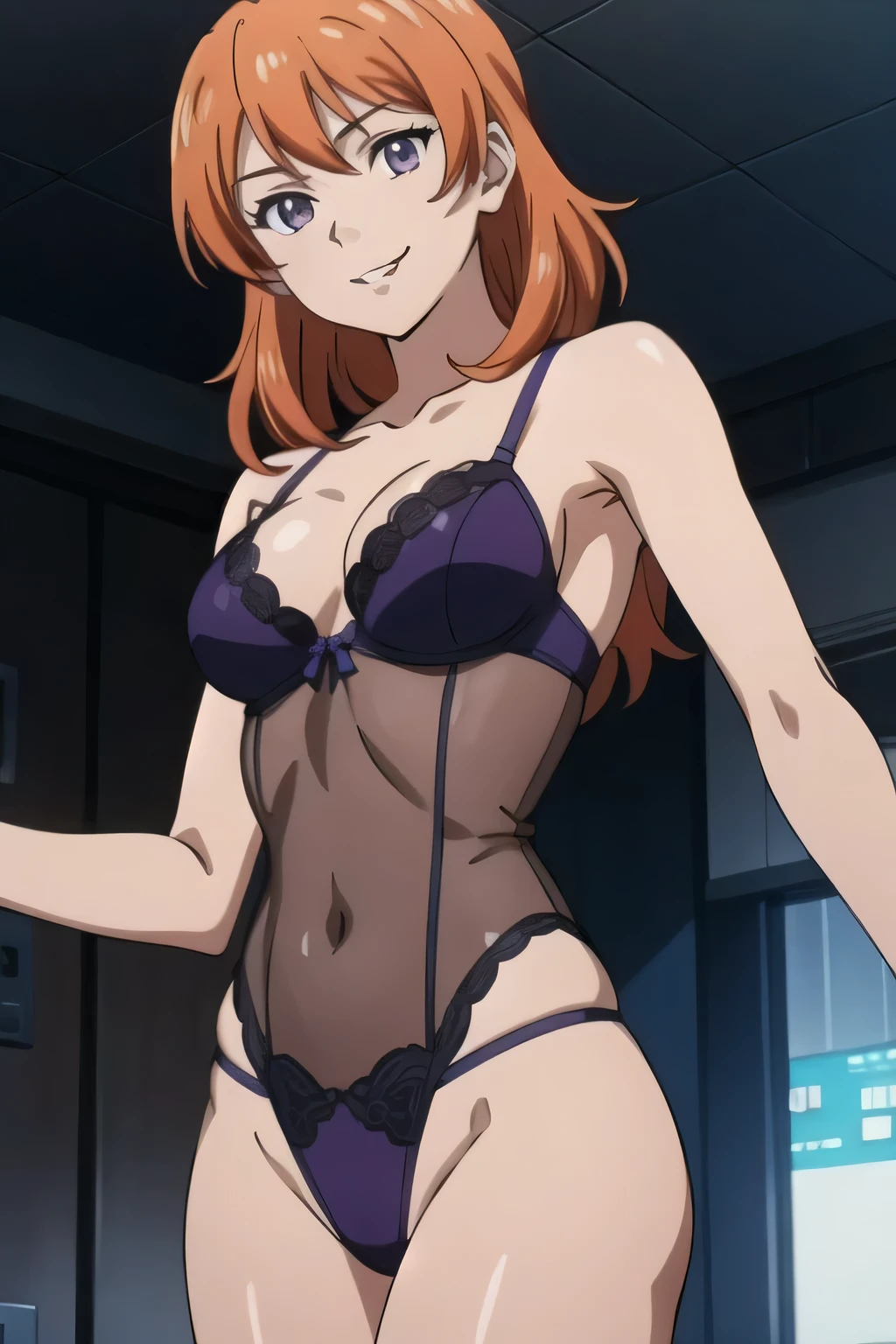 1girl,solo,lppl2,smile, purple eyes, orange_hair,lingerie,best_quality,anime_screencap, seductive, cowboy shot, mature, scifi setting