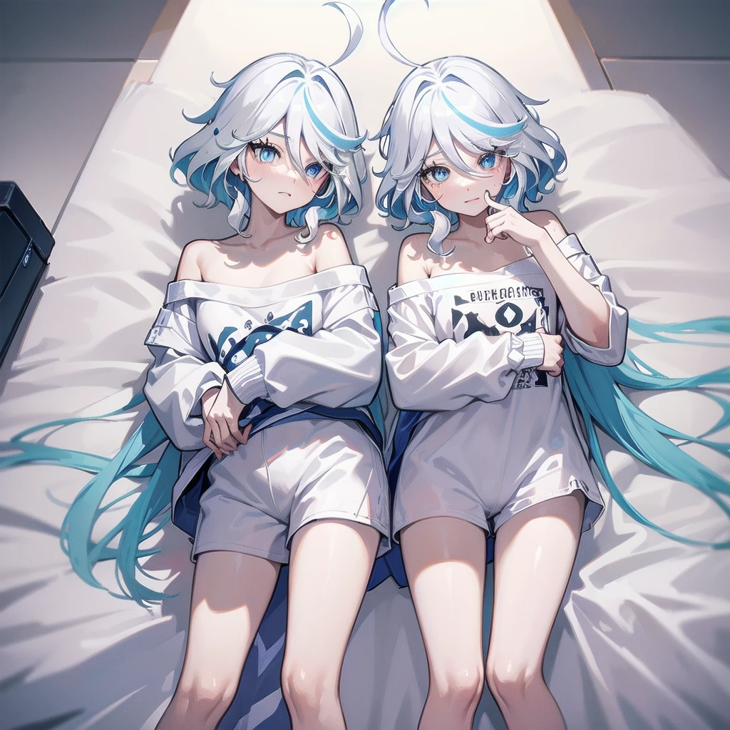 masterpiece, best quality, Delicate face, Heterochromia of the Eyes,Perfect hands, flat chest, HD, best quality, (Looking at the audience, Sleepy), ((1 Girl)),Cowboy shooting,thigh, Forrina,short hair,((Gradient hair)),Colorful eyes, Gradient eyes, (Fashion Makeup), blush, Messy hair, White shirt, Off-shoulder, Nude shirt, No pants, lie, bare arm, shorts, Bare legs, bedroom