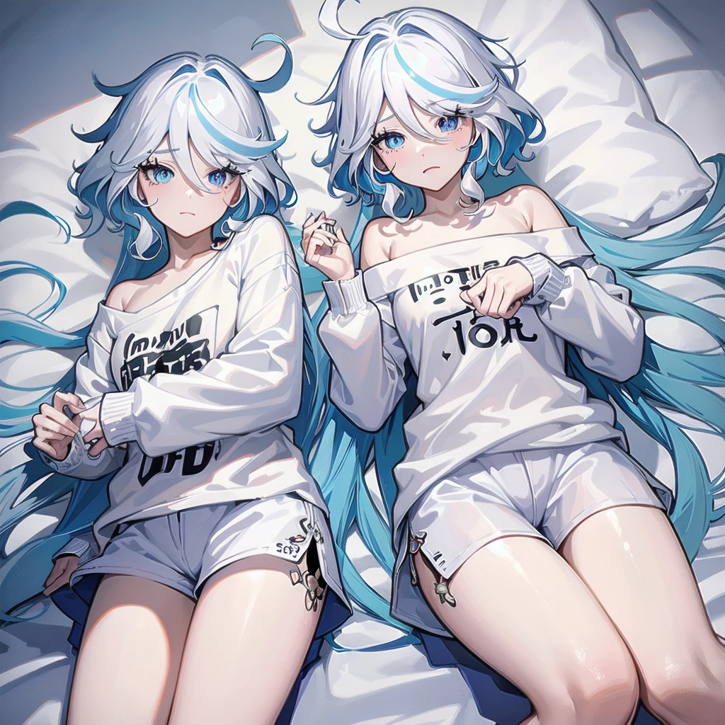 masterpiece, best quality, Delicate face, Heterochromia of the Eyes,Perfect hands, flat chest, HD, best quality, (Looking at the audience, Sleepy), ((1 Girl)),Cowboy shooting,thigh, Forrina,short hair,((Gradient hair)),Colorful eyes, Gradient eyes, (Fashion Makeup), blush, Messy hair, White shirt, Off-shoulder, Nude shirt, No pants, lie, bare arm, shorts, Bare legs, bedroom