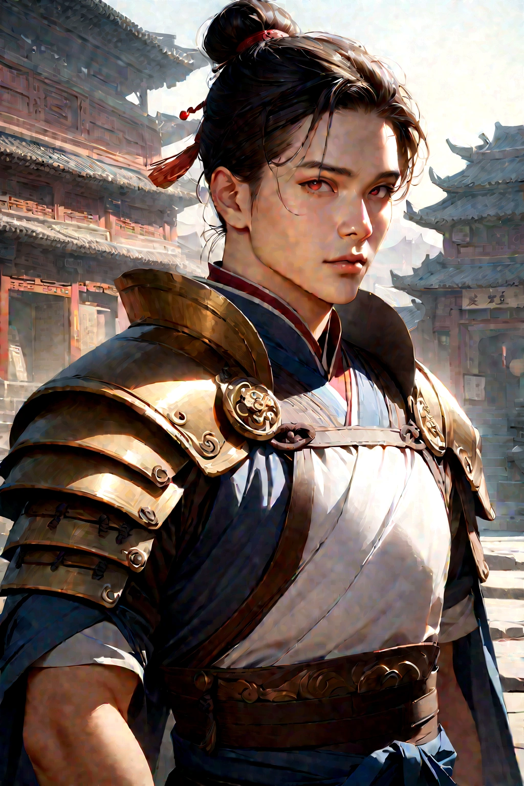 25 year old Chinese man,middle aged man,realistic,chinese_Armor,alone,Background of ancient chinese cities,detailed_eye,shoulder_Armor,(검은 eye),looking at viewer,(masterpiece:1.2), (best quality:1.2), perfect eye, perfect face, perfect lighting, (8K),(complete anatomy), Nee Shot