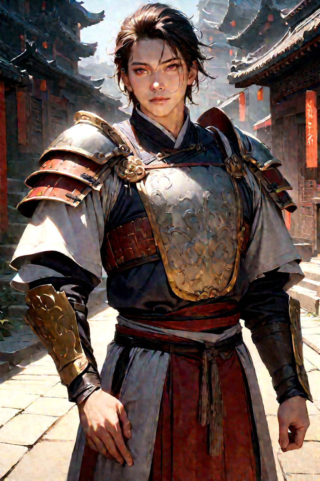 25 year old Chinese man,middle aged man,realistic,chinese_Armor,alone,Background of ancient chinese cities,detailed_eye,shoulder_Armor,(검은 eye),looking at viewer,(masterpiece:1.2), (best quality:1.2), perfect eye, perfect face, perfect lighting, (8K),(complete anatomy), Nee Shot