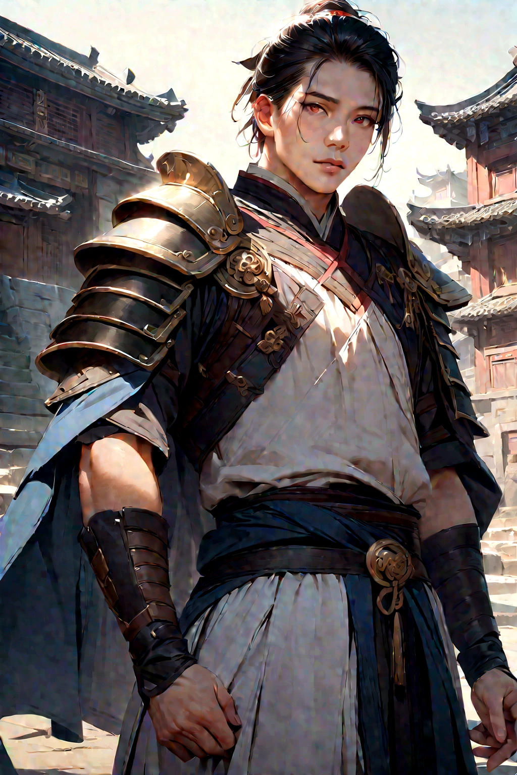 25 year old Chinese man,middle aged man,realistic,chinese_Armor,alone,Background of ancient chinese cities,detailed_eye,shoulder_Armor,(검은 eye),looking at viewer,(masterpiece:1.2), (best quality:1.2), perfect eye, perfect face, perfect lighting, (8K),(complete anatomy), Nee Shot