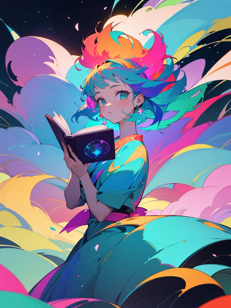 (best quality, masterpiece), 1girl, reading a book, particle, wind, flower, upper body, simple background, looking at viewer, rainbow colored hair, teal short floating dress, cosmic, nebulas, galaxy