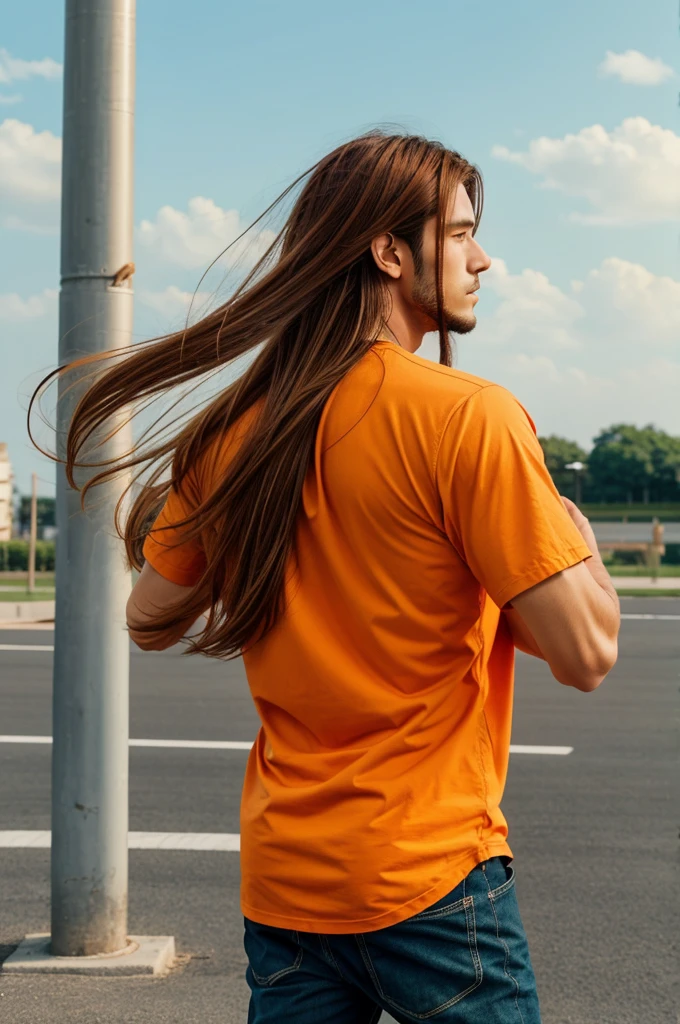 Anime boy, back hands raised to sholder level wind blowing handsome long hair orange shit blowing high quality