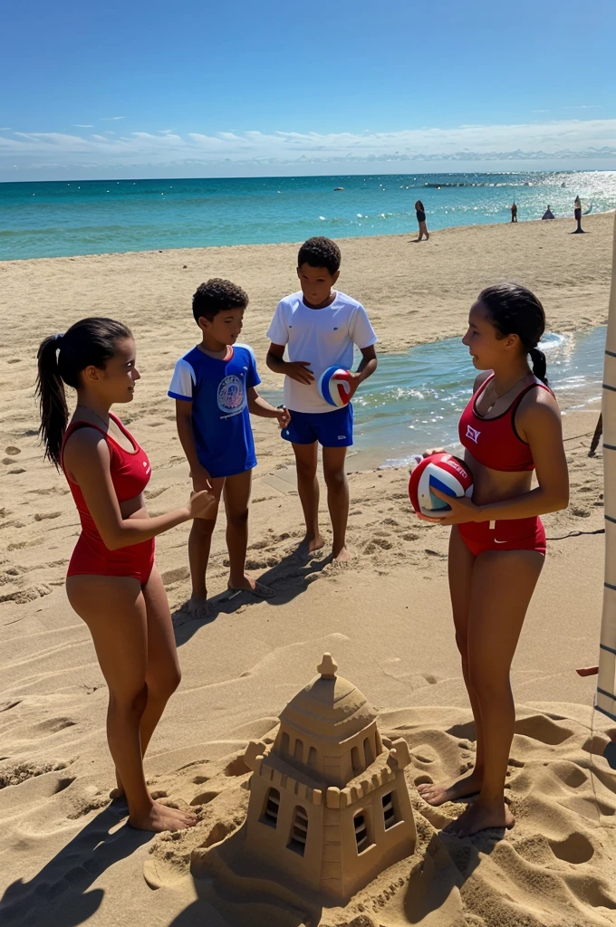 Make a beach scene where families are resting and agers are playing volleyball and children are making sand castle