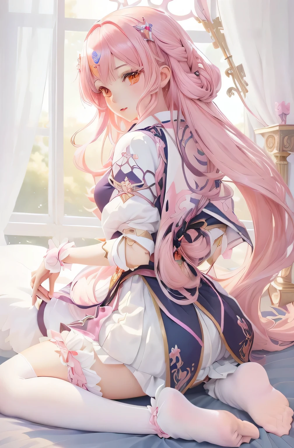 Anime girl with long pink hair sitting on the bed, Cute anime girl in a beautiful skirt, Anime Goddess, Kushat Krenz Key Women in Art, Attractive anime girl, Lolita in a skirt, ((Wearing noble robes)), Detailed key animation art, Smooth anime CG art, Portrait of the Knights of the Zodiac, Anime cute art style, Portrait of a magical girl