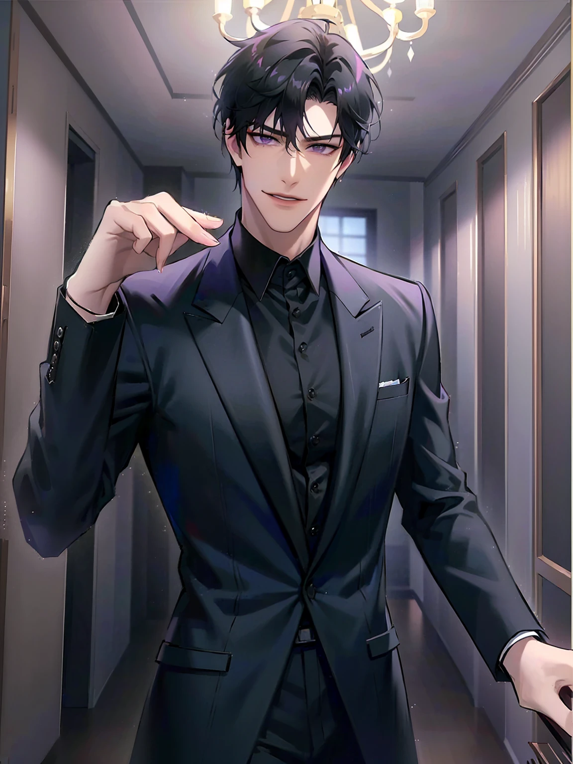 (masterpiece, 4k, high quality:1.3), 1boy, solo, short hair, black hair, asymmetrical fringe, purple eyes, handsome, sharp eyes, (mature male, mature:1.2), male focus, fashionable, black dress shirt, purple jacket, smile, ballroom, chandelier, indoors, holding hand out to the camera, hand holding pov