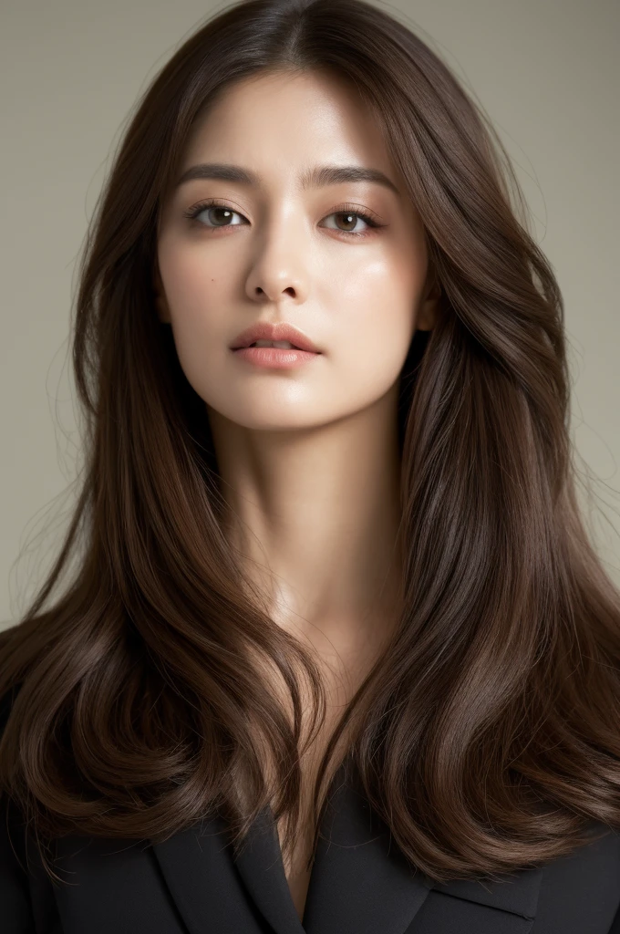 Best quality at best, realistically, ultra - detailed, Detailed pubic hair, A high resolution, 8k wallpaper, Beautiful woman of 35 years old,light brown messy hair, Wear a dark suit, lock focus, Perfect dynamic composition, beautidful eyes, Delicate hair, Detailed realistically skin texture, Cool expression, closeup portrait, Model body type