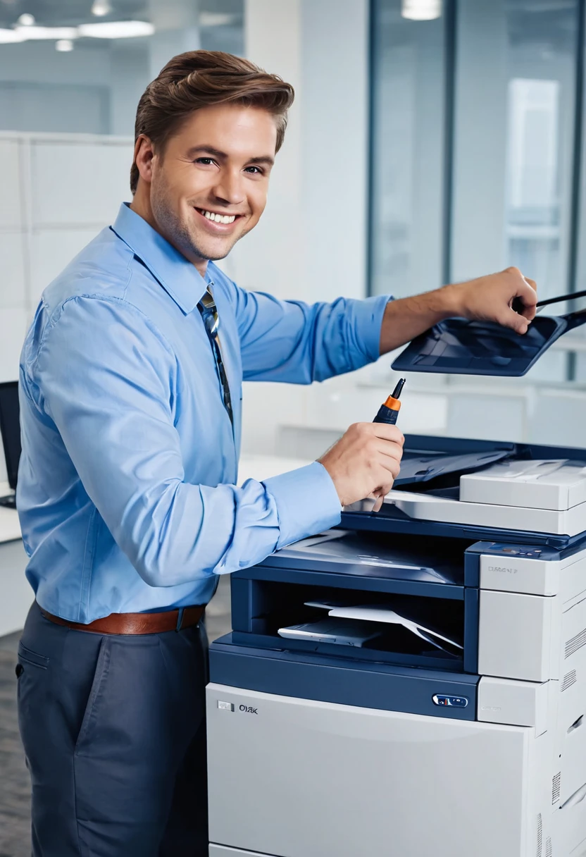 "Create an image of a male employee dressed as a technician, holding a screwdriver and repairing a Xerox C7855 copier inside a modern office. The office should have contemporary furniture such as a desk, chair, and shelves, along with various office equipment, to create a sleek and professional work environment.", brown hair, short hair, solid circle eyes, smile, HD