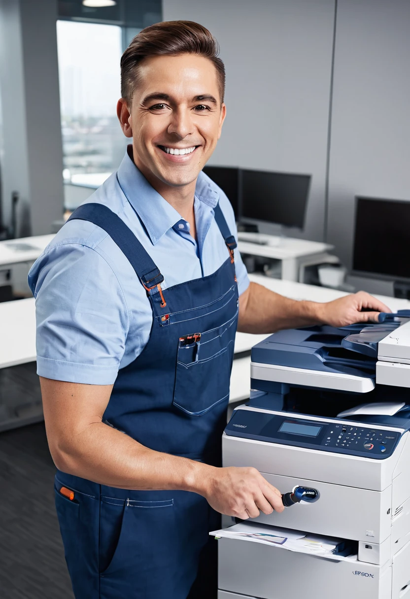 "Create an image of a male employee dressed as a technician, holding a screwdriver and repairing a Xerox C7855 copier inside a modern office. The office should have contemporary furniture such as a desk, chair, and shelves, along with various office equipment, to create a sleek and professional work environment.", brown hair, short hair, solid circle eyes, smile, HD