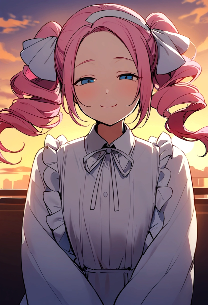 masterpiece, Highest quality, Movie Steel, One girl, Cloud Girl, Floating in the sky, close, Luminance, happiness, Warm and soft lighting, sunset, Sleep, うつ伏せでsleep, sleep, close your eyes, Fatigue. (spark:0.7), (pink hair, twin tails twin drill, show your forehead, blue eyes, White frilled white headband, slanted eyes, smile, long sideburns, curled bangs, neck ribbon, Forehead, amount),
