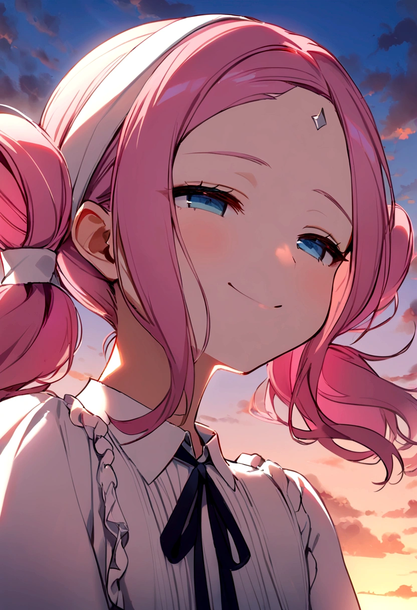 masterpiece, Highest quality, Movie Steel, One girl, Cloud Girl, Floating in the sky, close, Luminance, happiness, Warm and soft lighting, sunset, Sleep, うつ伏せでsleep, sleep, close your eyes, Fatigue. (spark:0.7), (pink hair, twin tails twin drill, show your forehead, blue eyes, White frilled white headband, slanted eyes, smile, long sideburns, curled bangs, neck ribbon, Forehead, amount),