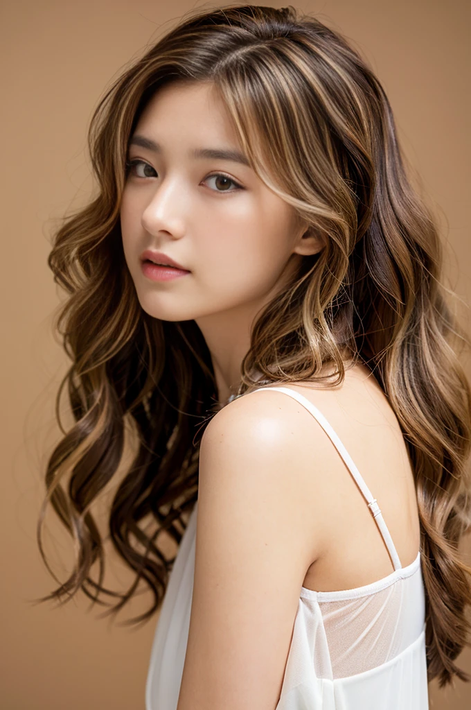 loose wavy hair、brown hair with highlights、best image quality、simple white studio、Photo from the front