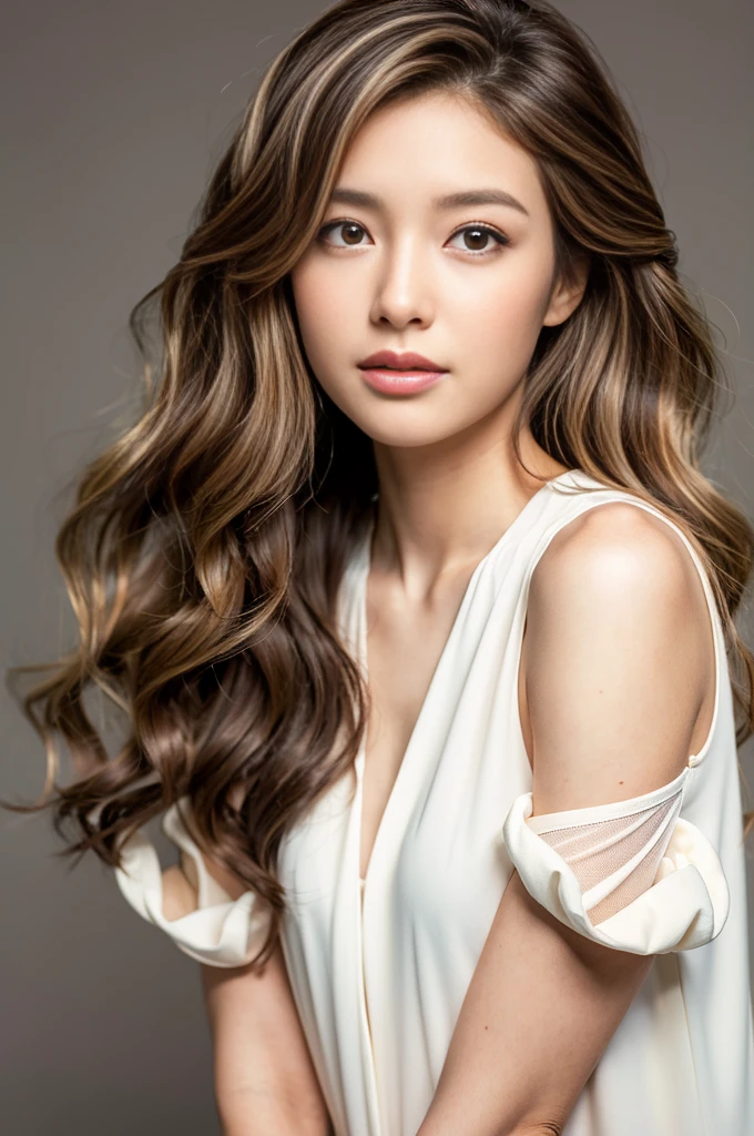 loose wavy hair、brown hair with highlights、best image quality、simple white studio、Photo from the front