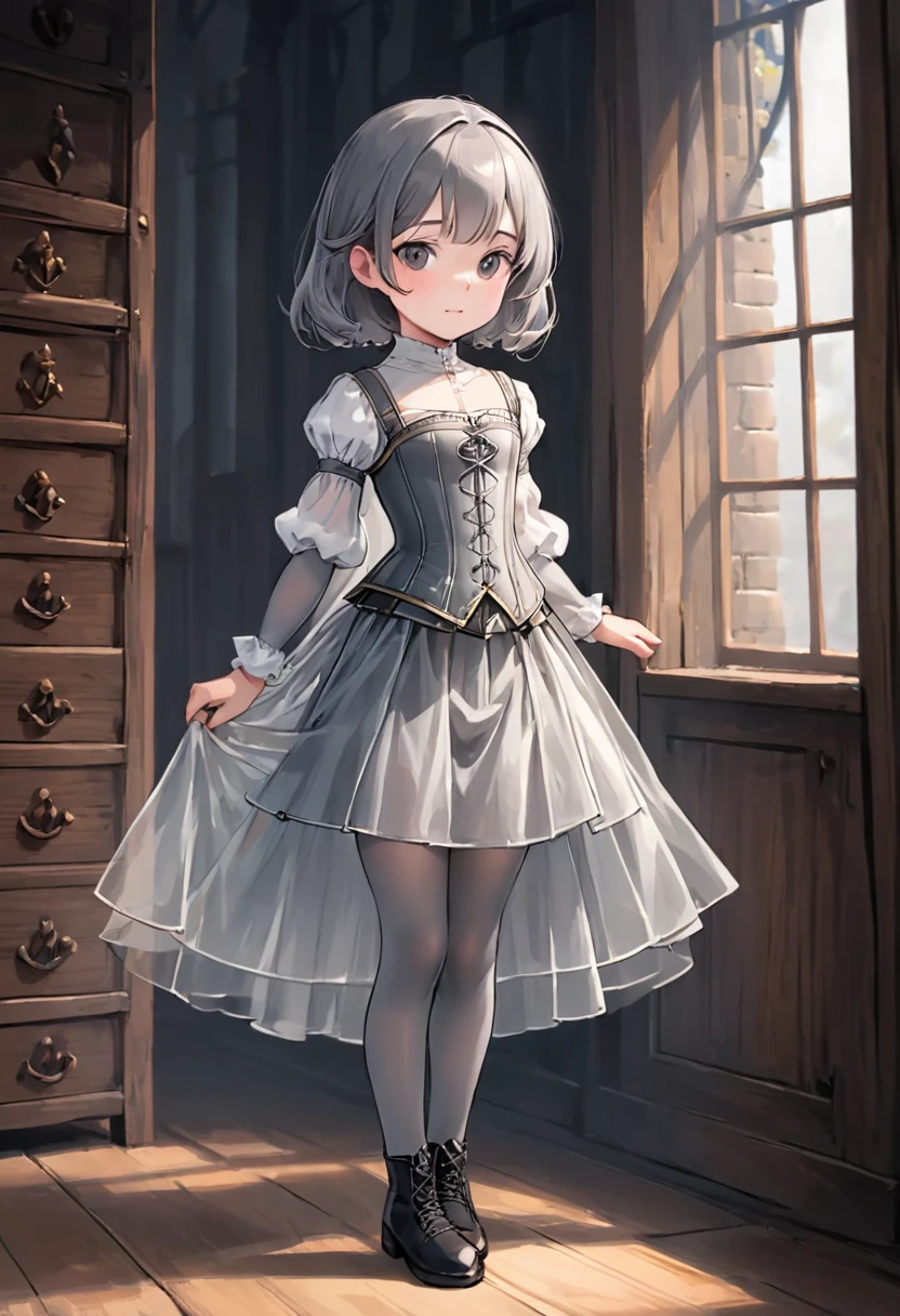 8 year old medieval girl, underwear姿、Translucent knee-length drawers（underwear）Wearing、Wearing a semi-transparent corset、 Grey translucent tights