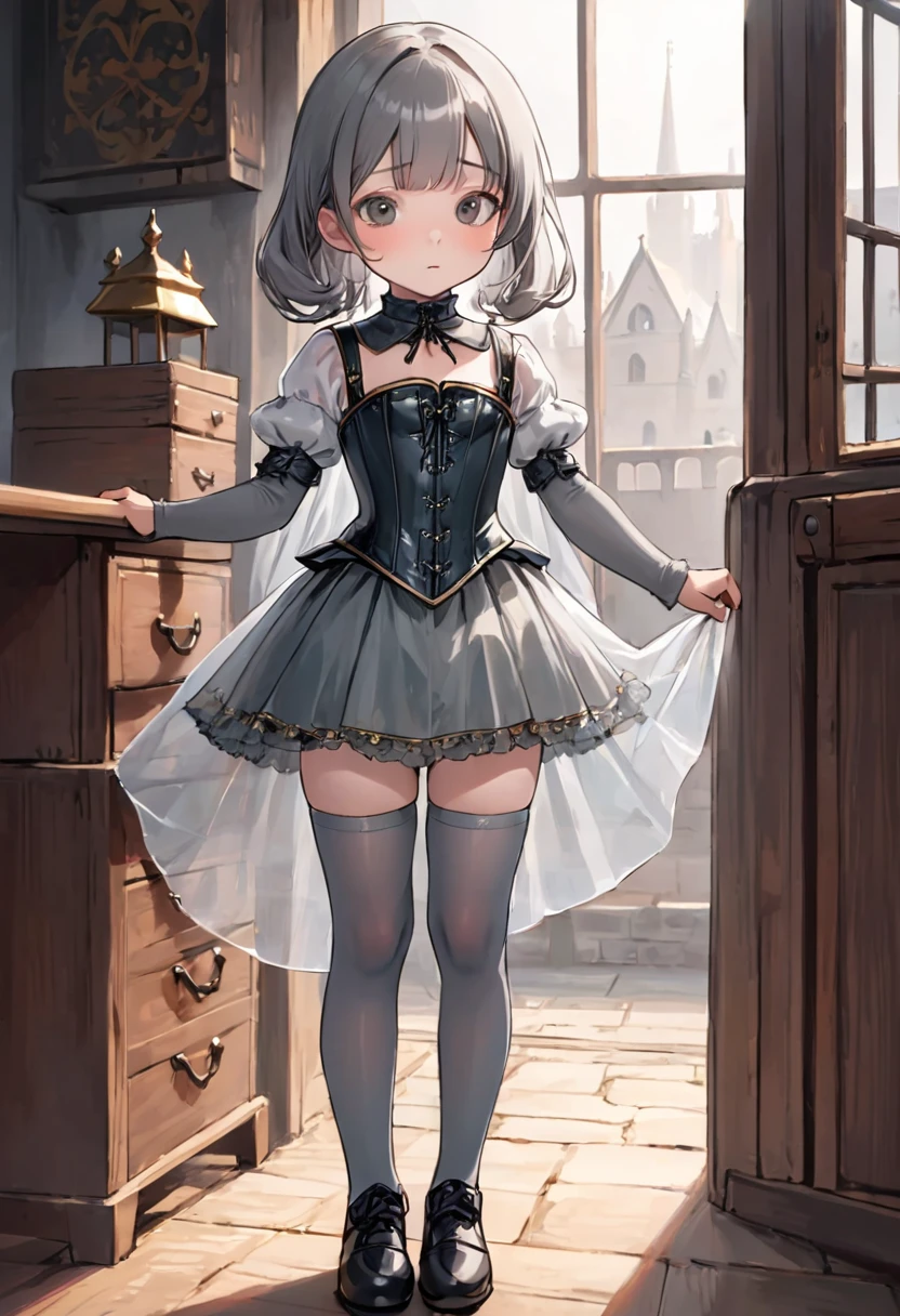 8 year old medieval girl, underwear姿、Translucent knee-length drawers（underwear）Wearing、Wearing a semi-transparent corset、 Grey translucent tights